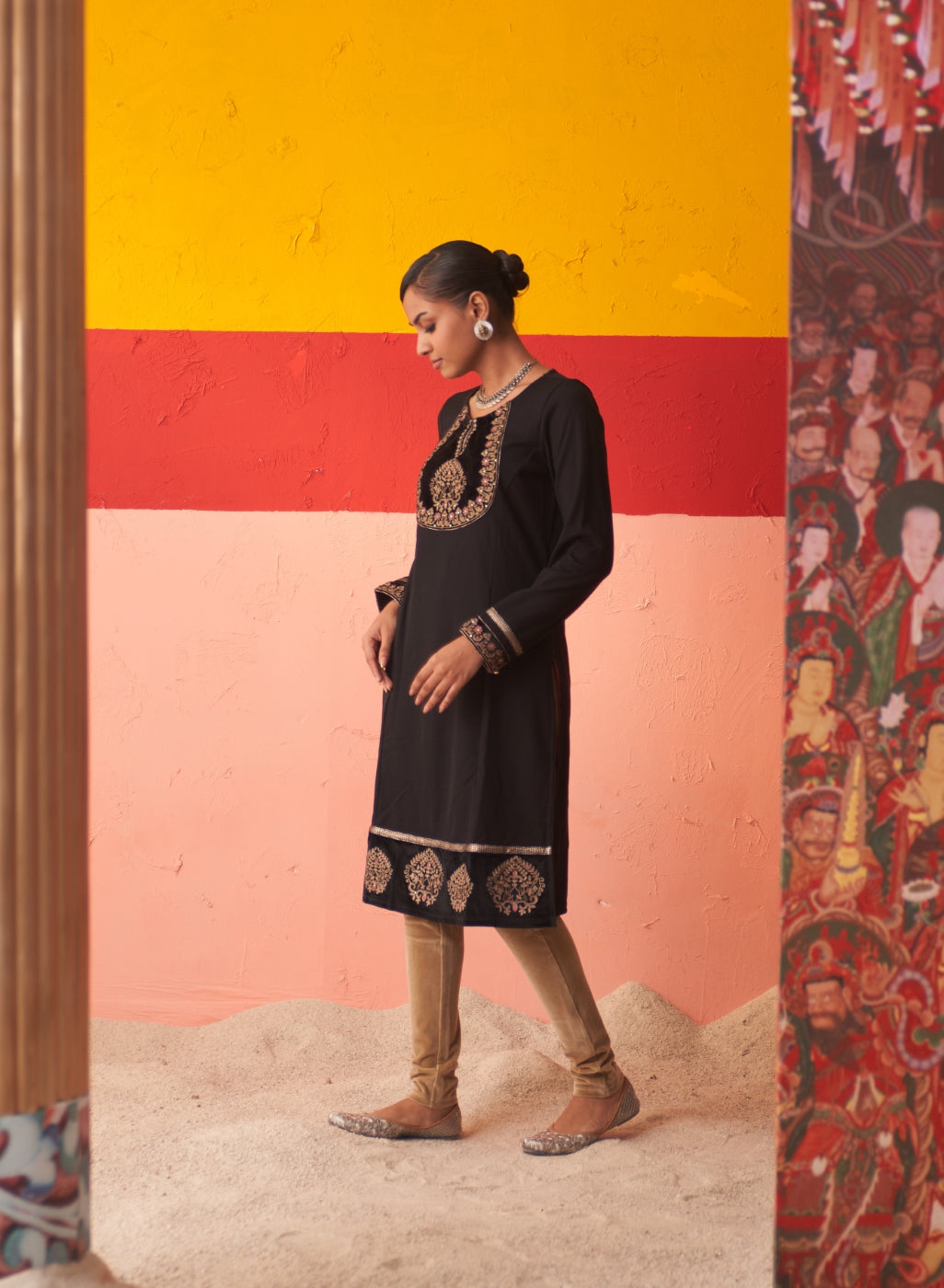 Black Women's Woollen Kurti with Embroidered Yoke and Button