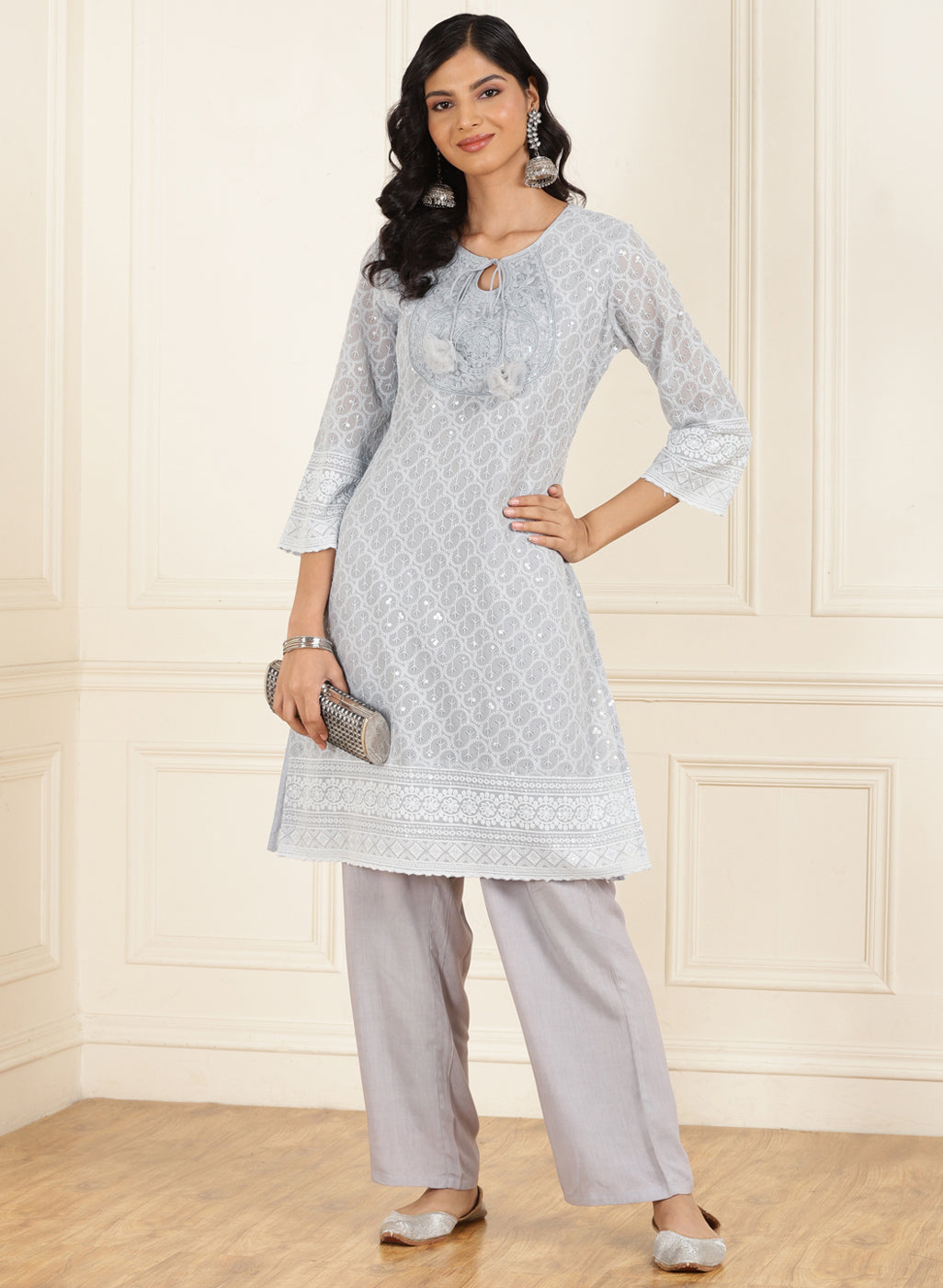 Sky Blue Schiffli Embroidered A-line Dress – M MarchLabel India