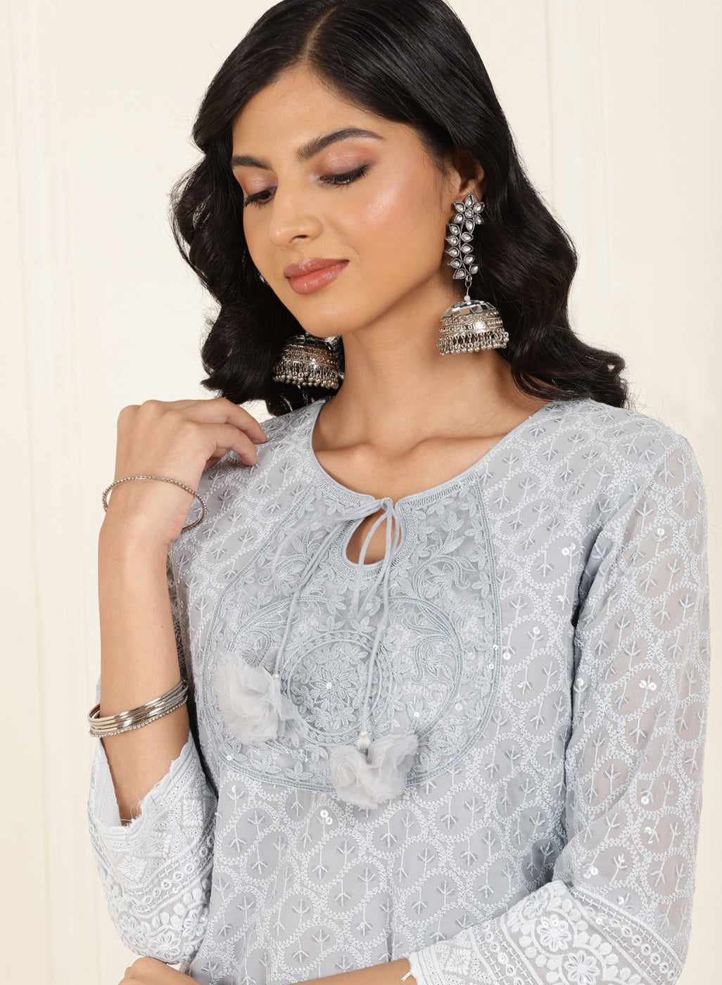 Sky Blue Schiffli Embroidered A-line Dress – M MarchLabel India