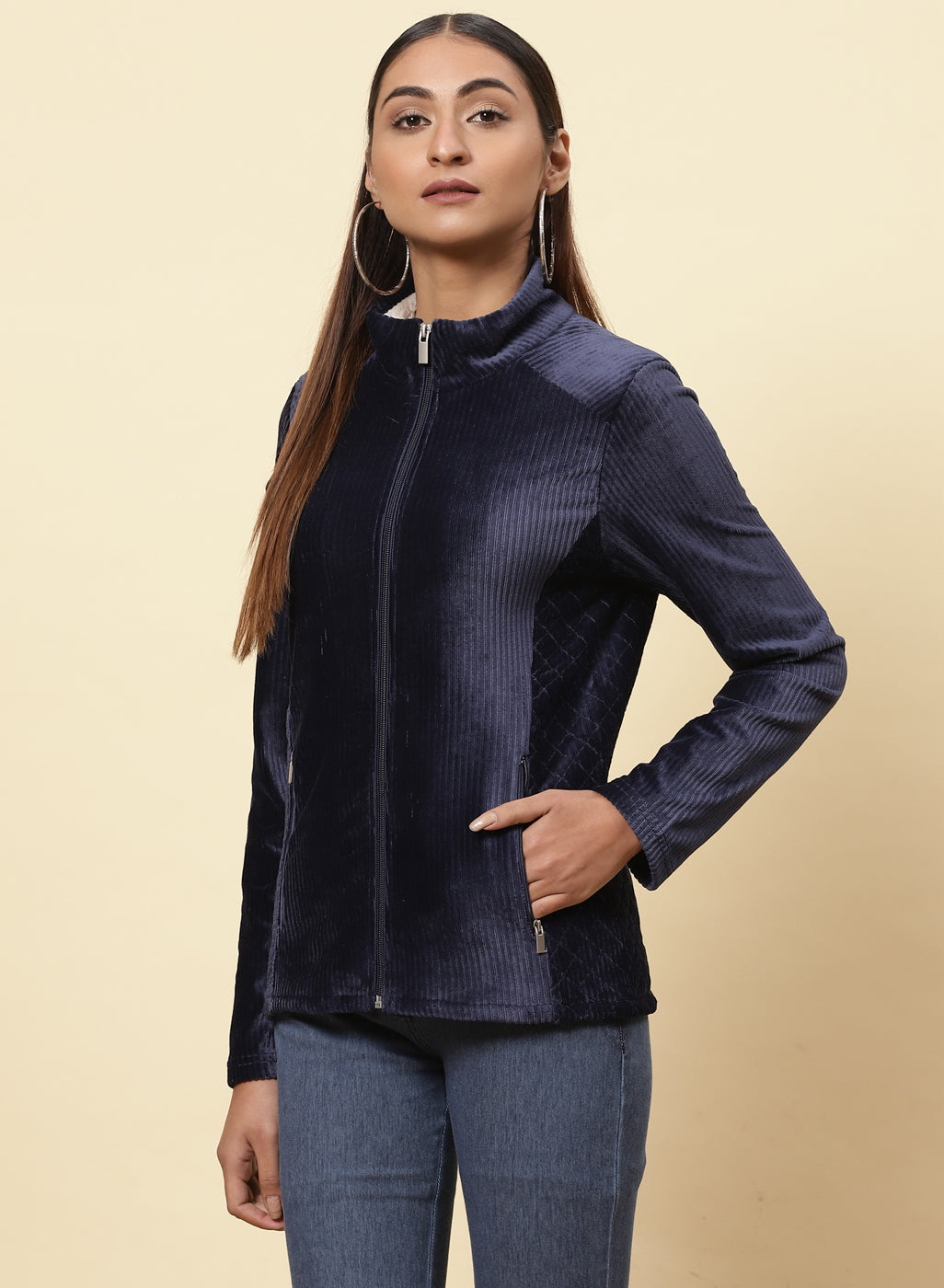 Midnight Blue Velvet Zipper Jacket Lakshita