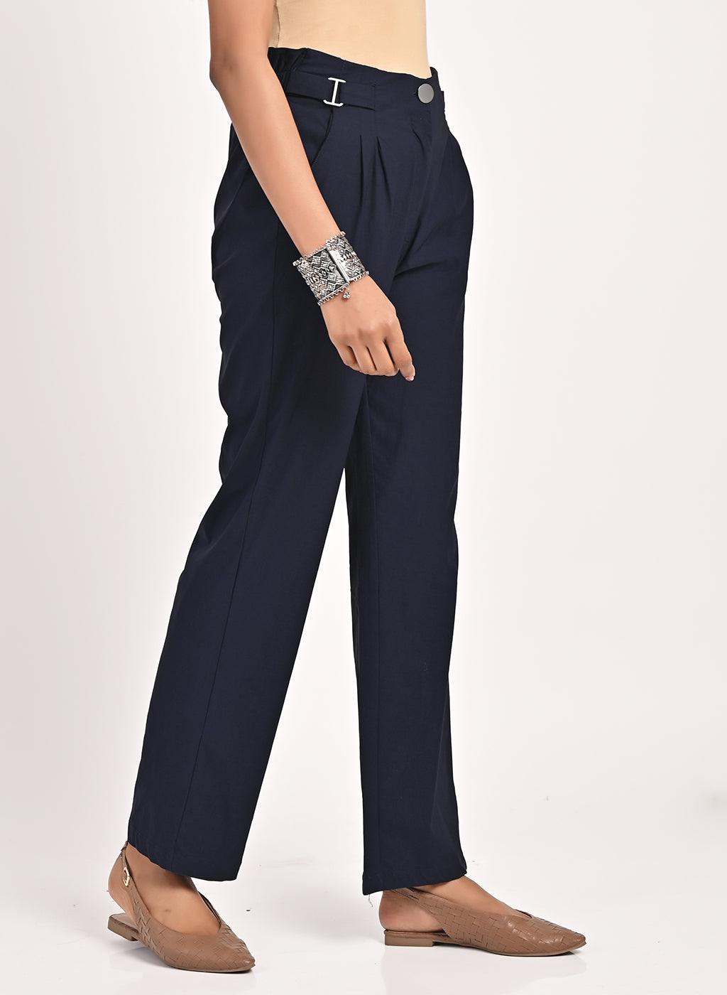 Navy Blue Straight Fir Pant with Decorative Belt Detail