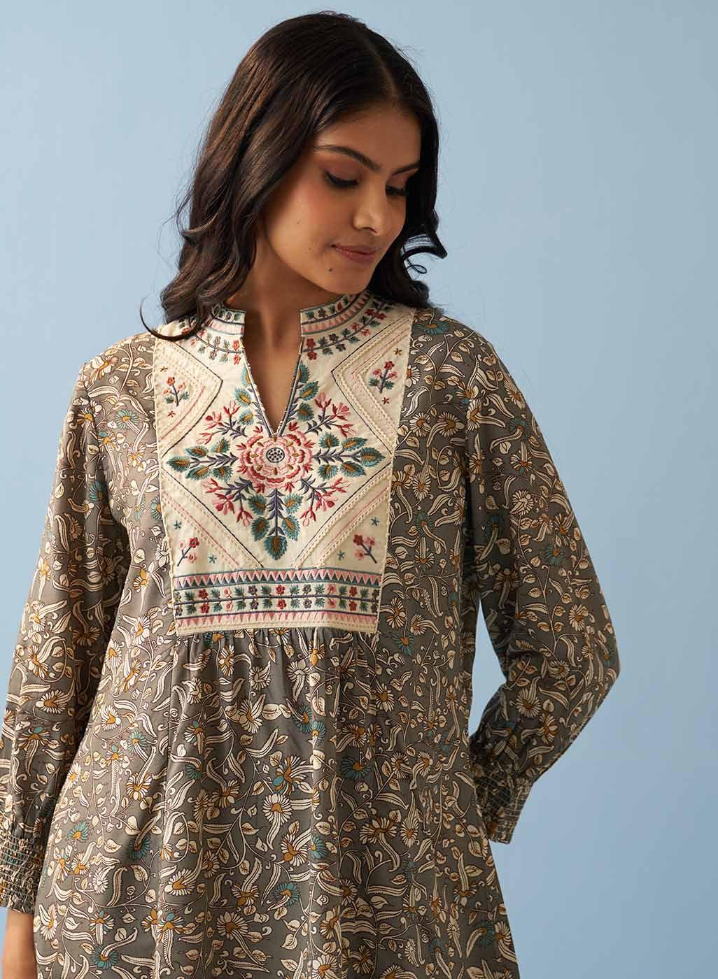 Grey Multi Color Printed Short Tunic with Yoke Embroidery