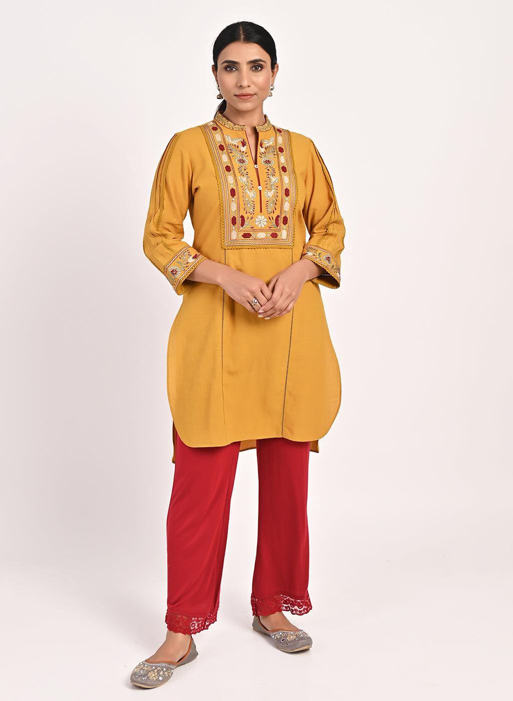 Mustard Embroidered Band Collar Tunic with Front Yoke Embroidery