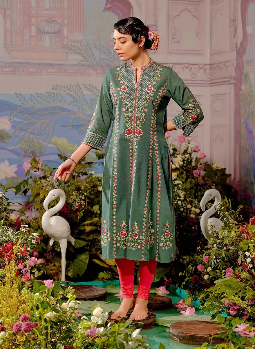 Bird Green Long Kurta with All-over work and Mandarin Collar