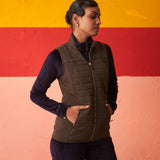 Green Sleeveless High-neck Jacket for Women With Pockets