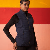 Navy Blue Sleeveless High-neck Jacket for Women With Pockets