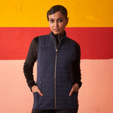 Navy Blue Sleeveless High-neck Jacket for Women With Pockets