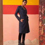 Blue Long Coat for Women with Stand Collar and Belt