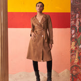 Brown Long Coat for Women with Stand Collar and Belt