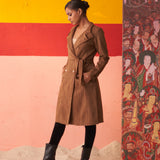 Brown Long Coat for Women with Stand Collar and Belt