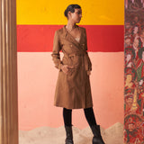 Brown Long Coat for Women with Stand Collar and Belt