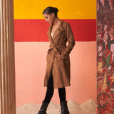 Brown Long Coat for Women with Stand Collar and Belt