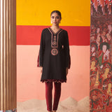 Black Women’s Woollen Kurti with Inserts and Zari Work