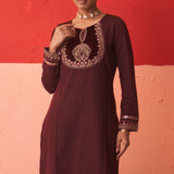 Maroon Women’s Woollen Kurti with Embroidered Yoke and Button Detailing on Cuffs