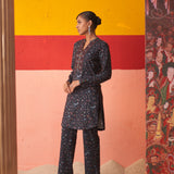 Navy Blue Printed Woollen Kurta Set for Women with Sequin Work