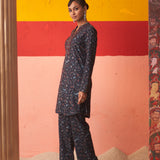 Navy Blue Printed Woollen Kurta Set for Women with Sequin Work