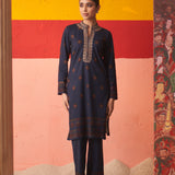 Midnight Blue Printed Woollen Kurta Set with Zari Work and Stone Work