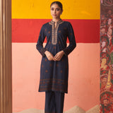 Midnight Blue Printed Woollen Kurta Set with Zari Work and Stone Work