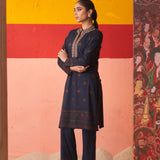 Midnight Blue Printed Woollen Kurta Set with Zari Work and Stone Work