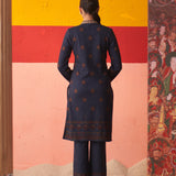 Midnight Blue Printed Woollen Kurta Set with Zari Work and Stone Work