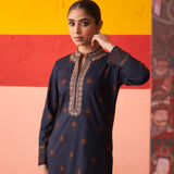 Midnight Blue Printed Woollen Kurta Set with Zari Work and Stone Work