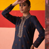 Midnight Blue Printed Woollen Kurta Set with Zari Work and Stone Work