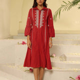 Brick Red Embroidered Ethnic Dress