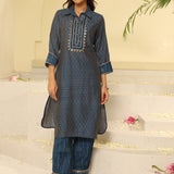 Blue Collared Straight Kurta Set