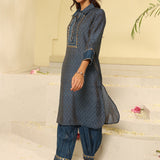 Blue Collared Straight Kurta Set