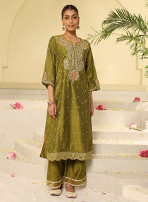 Apple Green Embroidered Kurta Set From Lakshita