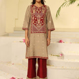 Maroon Embroidered Textured Fabric Kurta Set