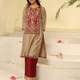 Maroon Embroidered Textured Fabric Kurta Set