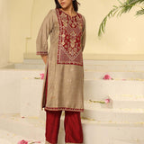 Maroon Embroidered Textured Fabric Kurta Set