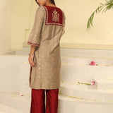 Maroon Embroidered Textured Fabric Kurta Set