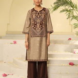 Brown Embroidered Textured Fabric Kurta Set