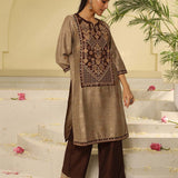 Brown Embroidered Textured Fabric Kurta Set