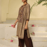 Brown Embroidered Textured Fabric Kurta Set