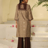 Brown Embroidered Textured Fabric Kurta Set