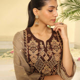 Brown Embroidered Textured Fabric Kurta Set