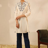 Ivory Knee-length Embroidered Kurta