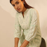 Green Raschel Net Embroidered Kurti for Women