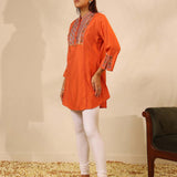 Orange Collared Tunic with Intricate Embroidery and Bell Sleeves