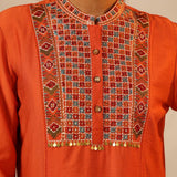 Orange Collared Tunic with Intricate Embroidery and Bell Sleeves