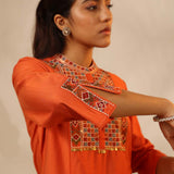 Orange Collared Tunic with Intricate Embroidery and Bell Sleeves