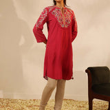 Red Knee-length Embroidered Kurta