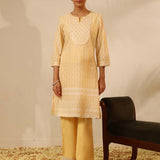 Lemon Long Chanderi Kurta Set with Mirrorwork