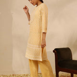 Lemon Long Chanderi Kurta Set with Mirrorwork