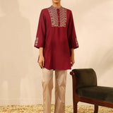 Maroon Collared Tunic with Intricate Embroidery and Bell Sleeves