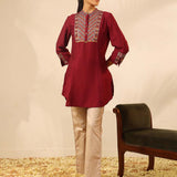 Maroon Collared Tunic with Intricate Embroidery and Bell Sleeves