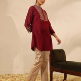 Maroon Collared Tunic with Intricate Embroidery and Bell Sleeves